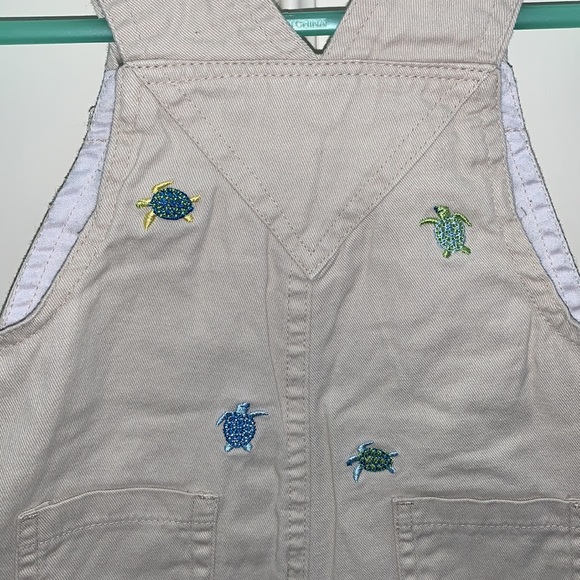 bt Kids,6-9m, Tan Coverall Shorts, Embroid. Blue & Green Turtles, Adjust. Straps - Picture 7 of 10